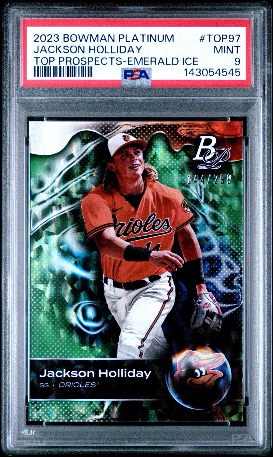 2023 Bowman Platinum - Top Prospects Jackson Holliday #TOP-97 Emerald Ice -PSA 9 view 1