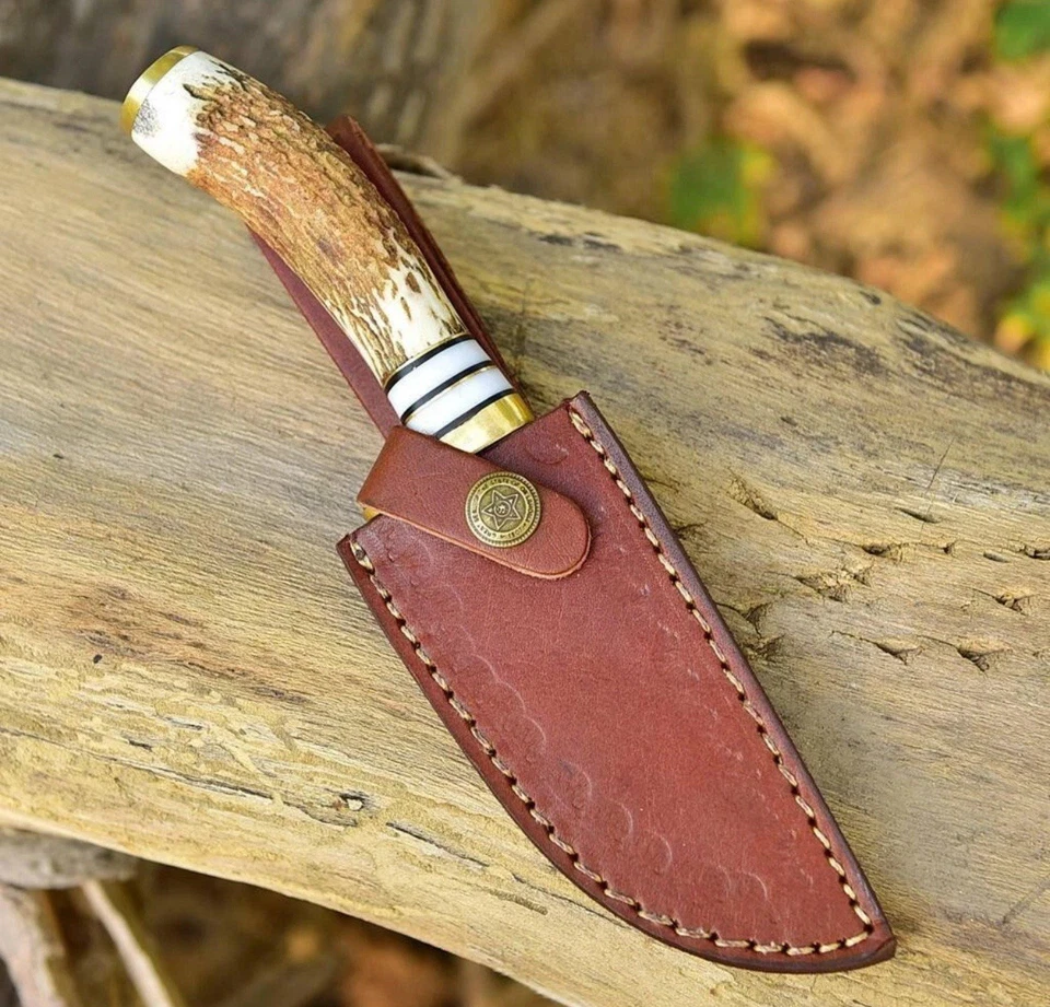 LOT OF 4 Knives DAMASCUS STEEL KNIFE STAG ANTLER HANDLE GUT HOOK - BRASS GUARD - Image 4 of 4