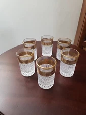 Vintage Set of 6 Barware Beveled Glasses with Gold Foral Edge Design