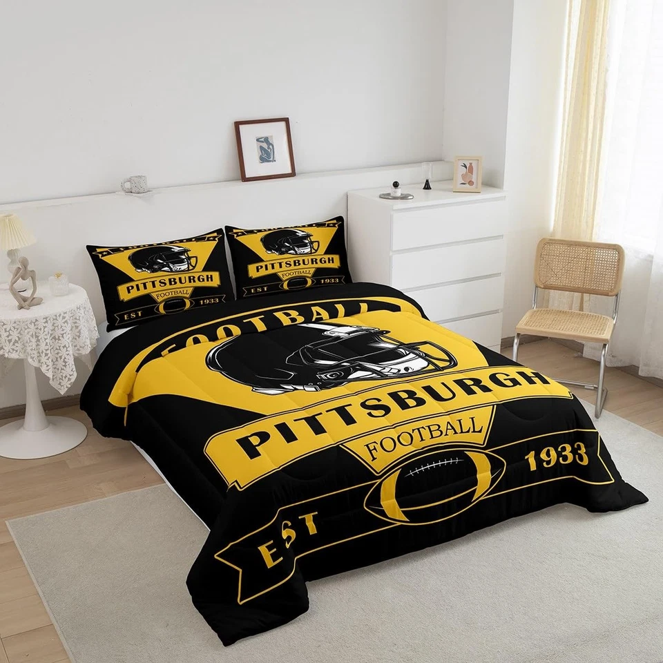 Juego de edredón de fútbol americano, juego de cama Pittsburgh tamaño king, fútbol americano cit... Foto 2 de 4