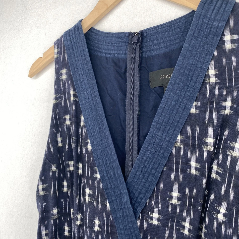 Vestido J.CREW 8 Lino Estampado Ikat Imitación Envoltura Sin Mangas Mini Corbata Cinturón Azul Foto 2 de 4