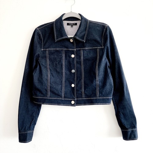 Lafayette 148 New York Dark Denim Button Up Jacket Cropped Fit Size Medium