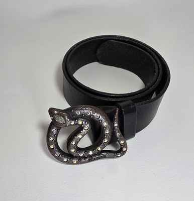 Rare JUST HORSES Black Leather Snake Belt cm 90 Vintage Rhinestone Original