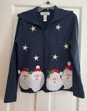 VTG Tiara International Blue Holiday Christmas Sweater w/ Santa Zip Front Sz S