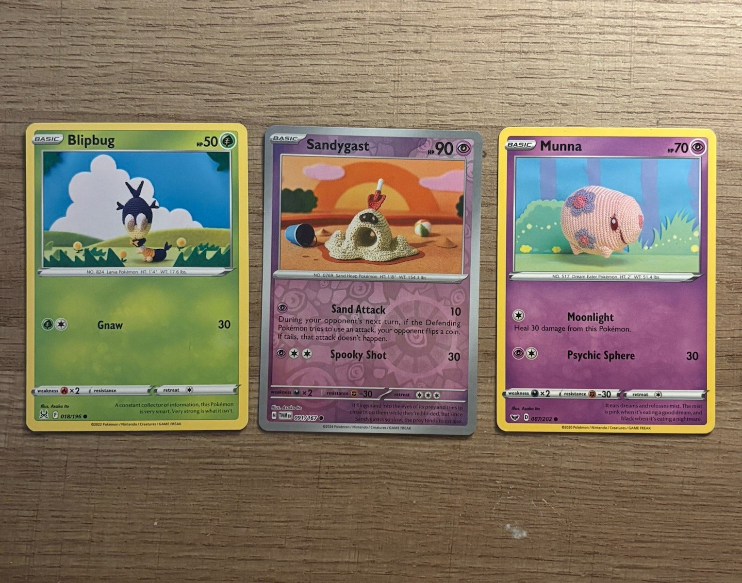 Pokemon TCG 3 Card Lot Blipbug Sandygast Munna crochet artwork