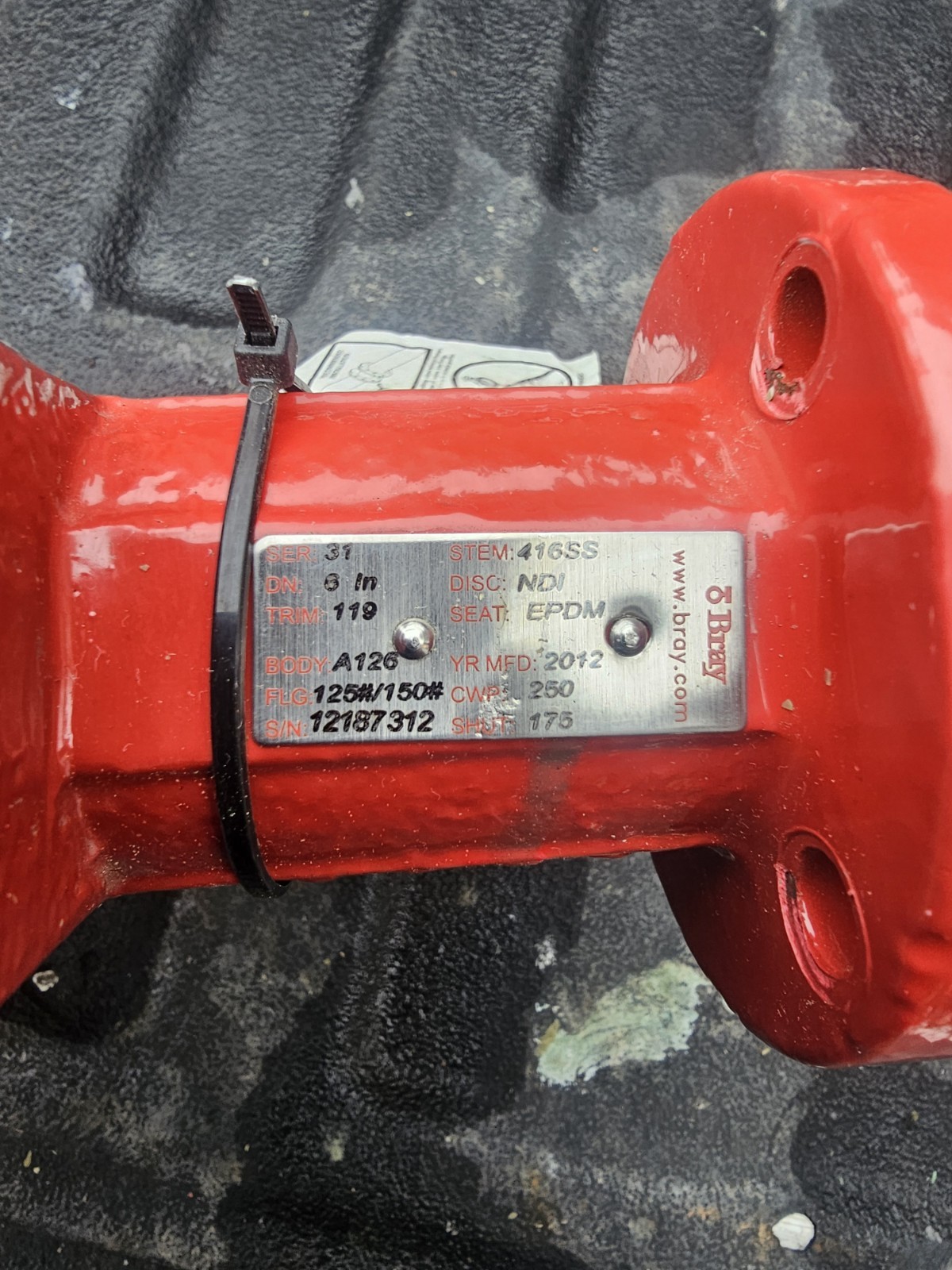 BRAY 6" BUTTERFLY VALVE LUG STYLE 80093 SER 31 416 SS STEM EPDM SEAT TRIM 119