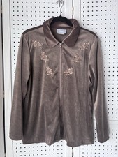 Vintage Blair Women  s Medium Petite Brown Velour Track Jacket Zip Up Floral