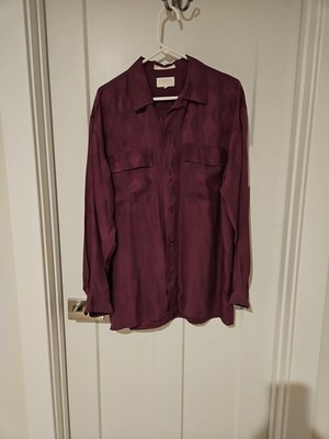 Mens Purple Geometric Pattern Porcini By Brigata 100% Silk Ls Button Up Size M
