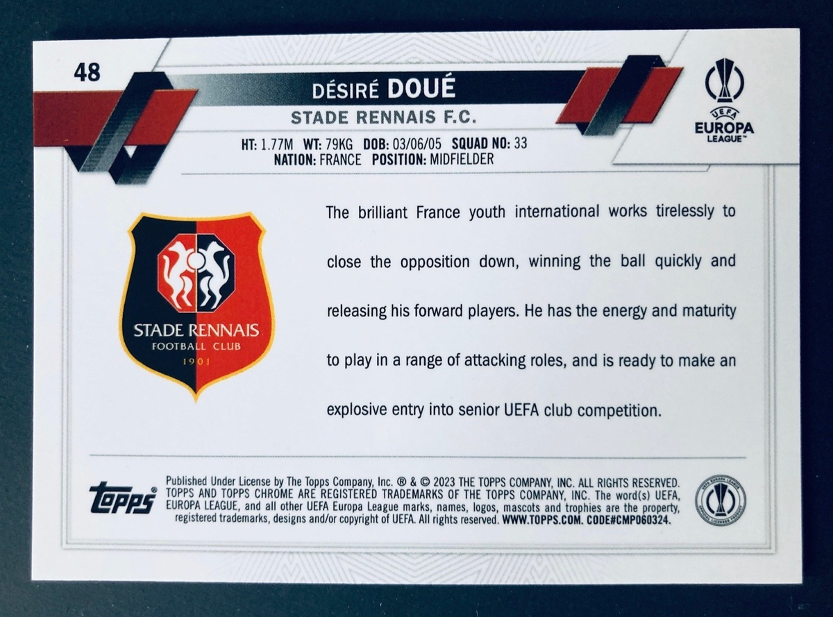 Carte Désiré Doué – Topps Chrome Saphir – Rookie – PSG / Stade Rennais – 2023