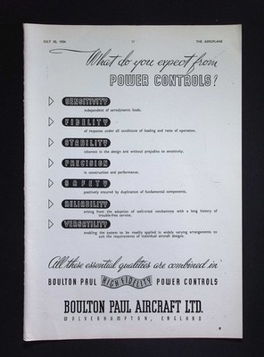 Original 1954 Werbung Boulton Paul Flugzeug Power Controls