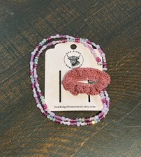 Crochet and Beaded Hair Clip Pink Glass Beads Hippie Beads