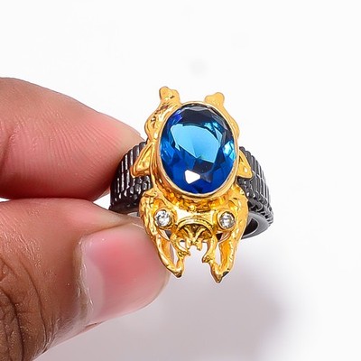 Blue Sapphire (Simulated) & White Topaz 925 Sterling Silver Frog Ring S.7 R8759