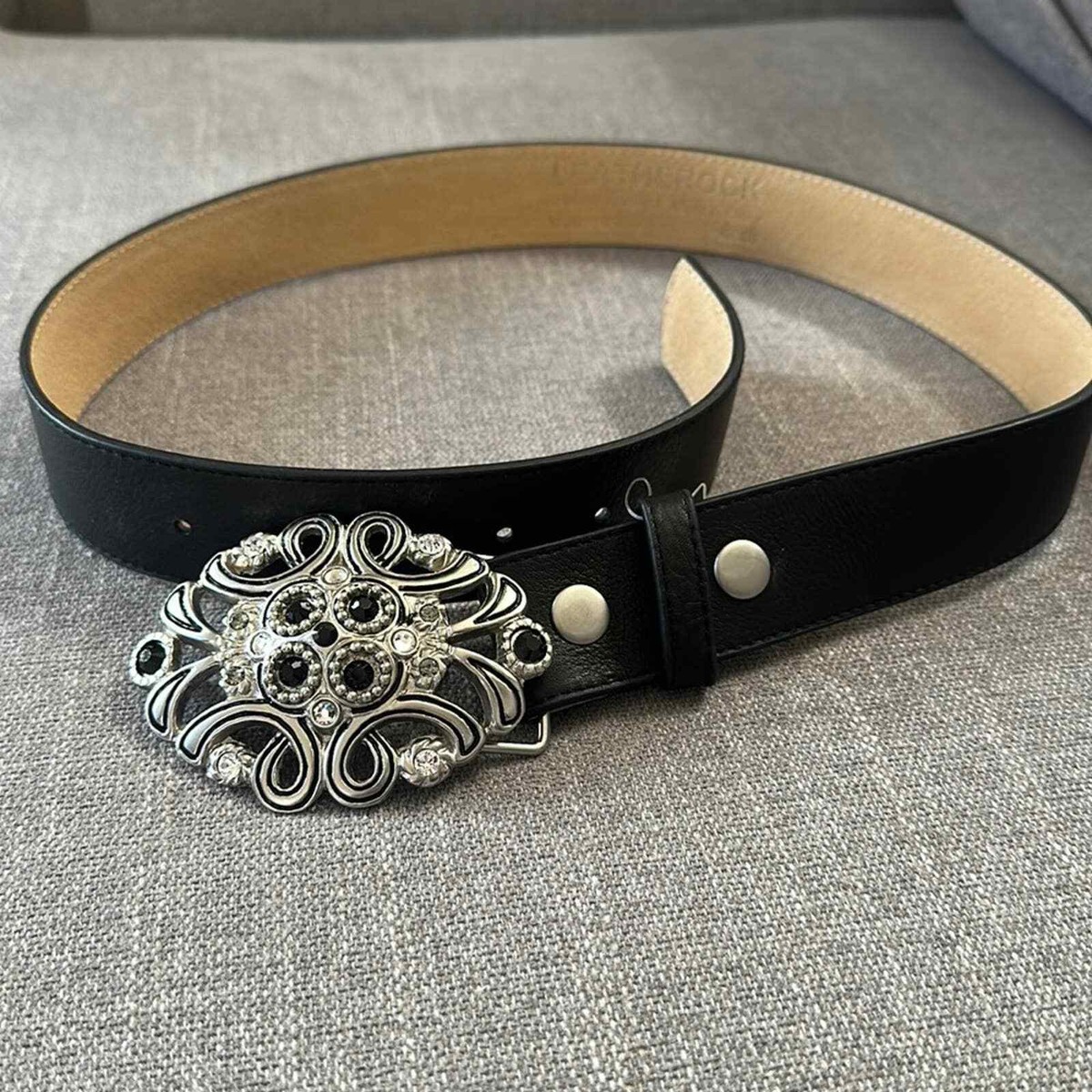 NEW Leatherock Let It Rock Black Leather Rhinestone Buckle Belt Size M NWT