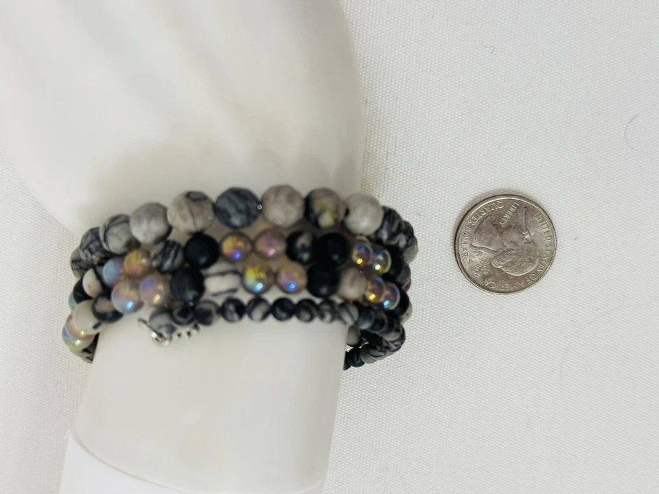 Pedras naturais com elástico de vidro pulseira de 3 camadas multicolorida unissex tamanho 1 - Imagem 4 de 4