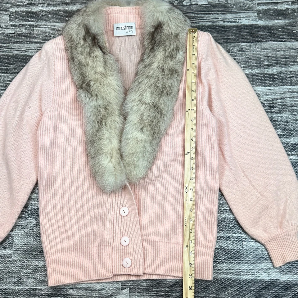 Cárdigan Suéter Vintage Nordstrom Gallery Rosa Talla S Borde de Zorro Lana de Cordero Angora Foto 2 de 4