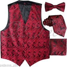 BLACK RED XS - 6XL Paisley Tuxedo Dress Vest Waistcoat  Neck tie  Bowtie Hanky