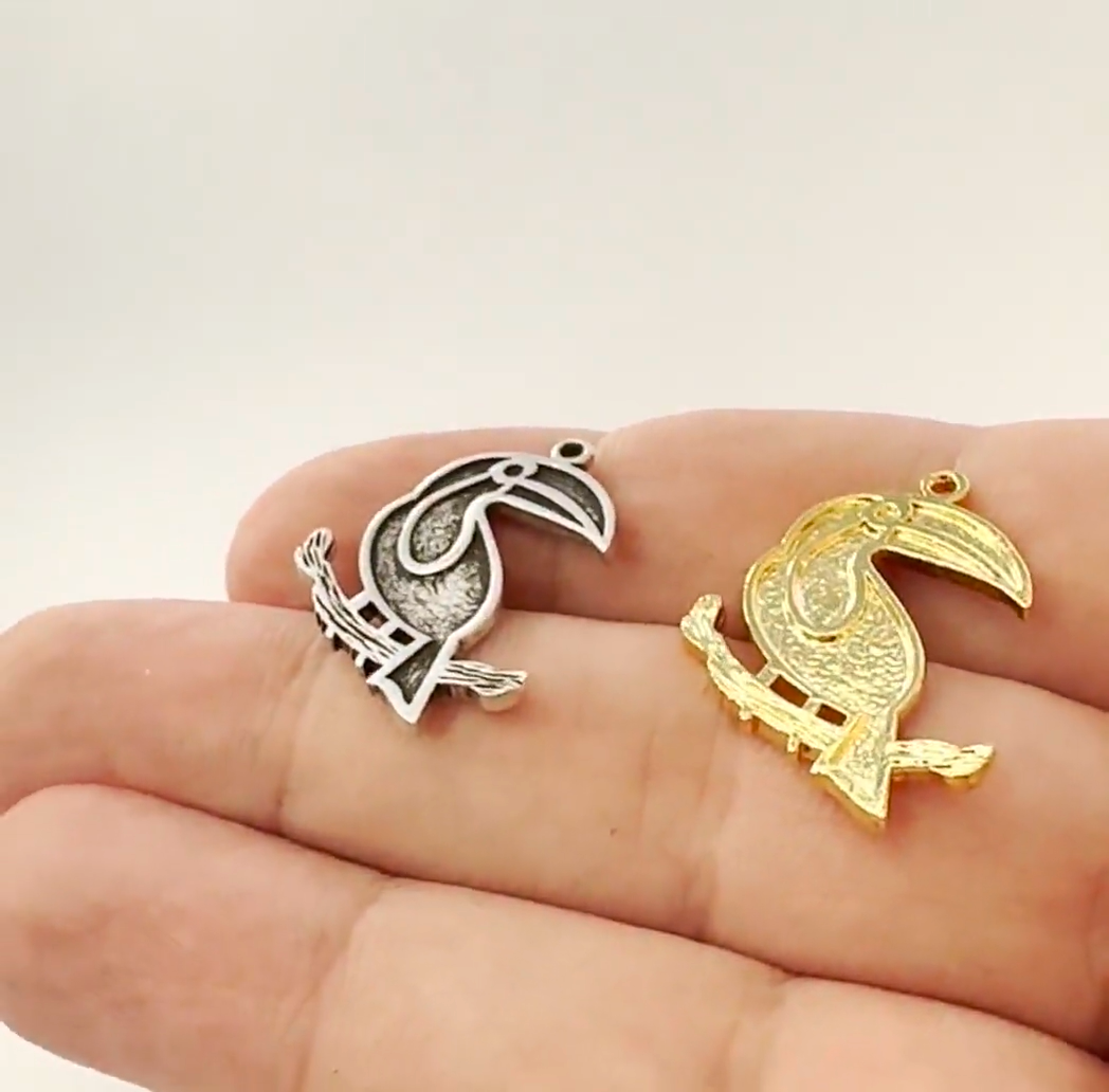 Bird Toucan Tropical Charms Raw Brass-Antique Silver-Shiny