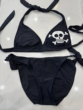 Kaligirlz Black  White Skull   Swim Bikini Halter Top  Bottoms Sz med