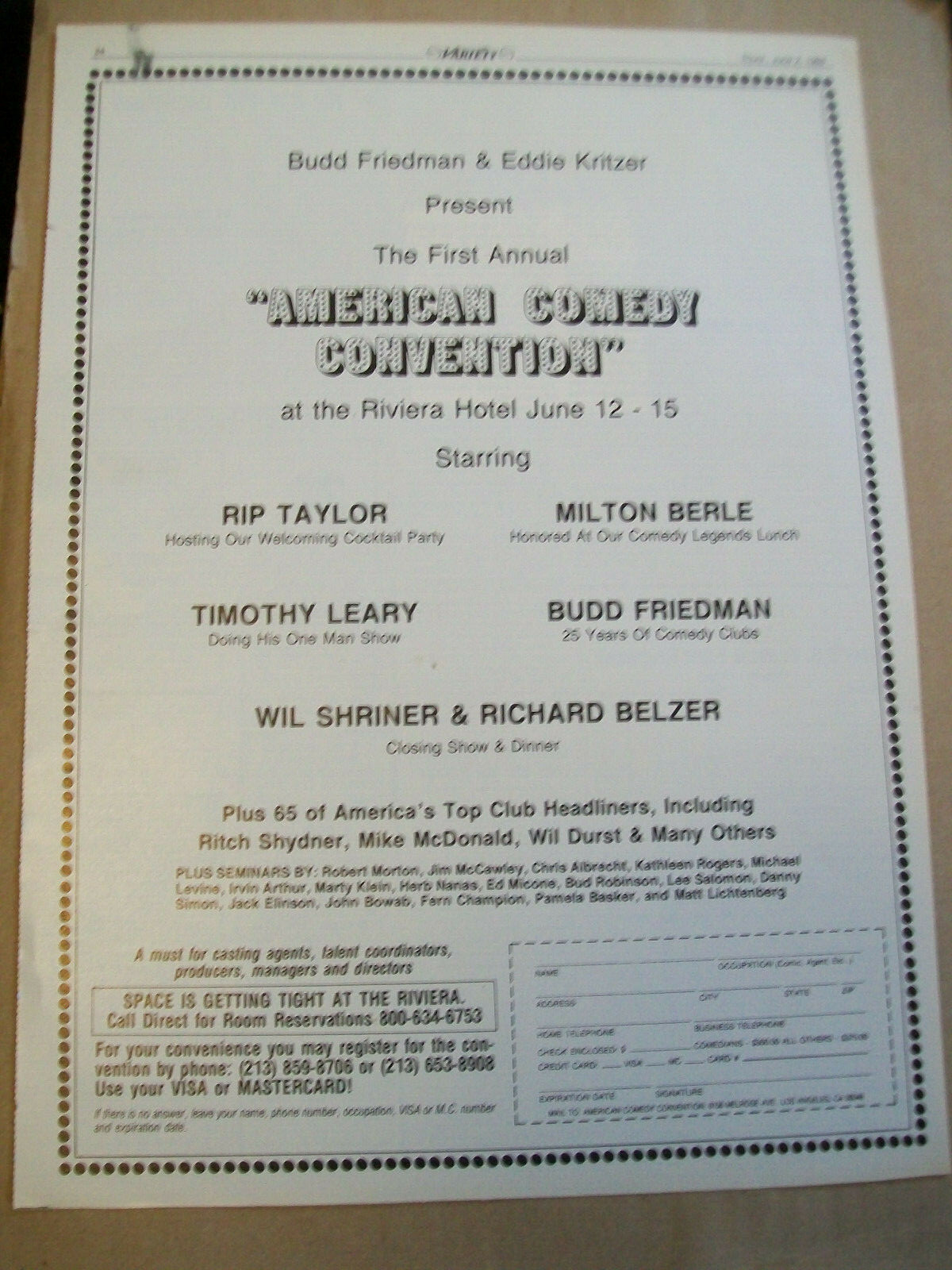 Rip Taylor Milton Berle Timothy Leary 1988 Ad- American Comedy Convention