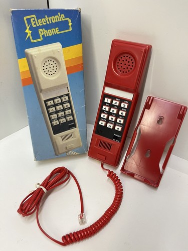 Vintage 80's Phone Red Electronic Telephone Corded Wall Mount Push Button 1980s