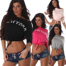 Damen Pullover bauchfrei Crop-Top Flügelärmel New York bindbar U-Boot sexy