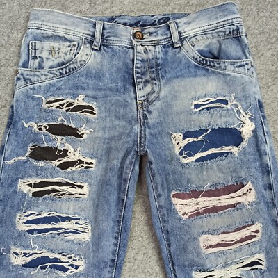 Cipo & Baxx Mens Jeans W29 L32 Blue Regular Fit Destroyed Ripped Buttons 29x32
