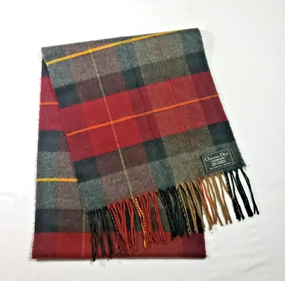 Christian Dior écharpe cachemire frange acrylique gris bordeaux plaid 11