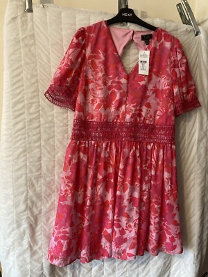 Lipsy/Next Pink Floral Puff Sleeve Skater Dress Size 16 BNWT
