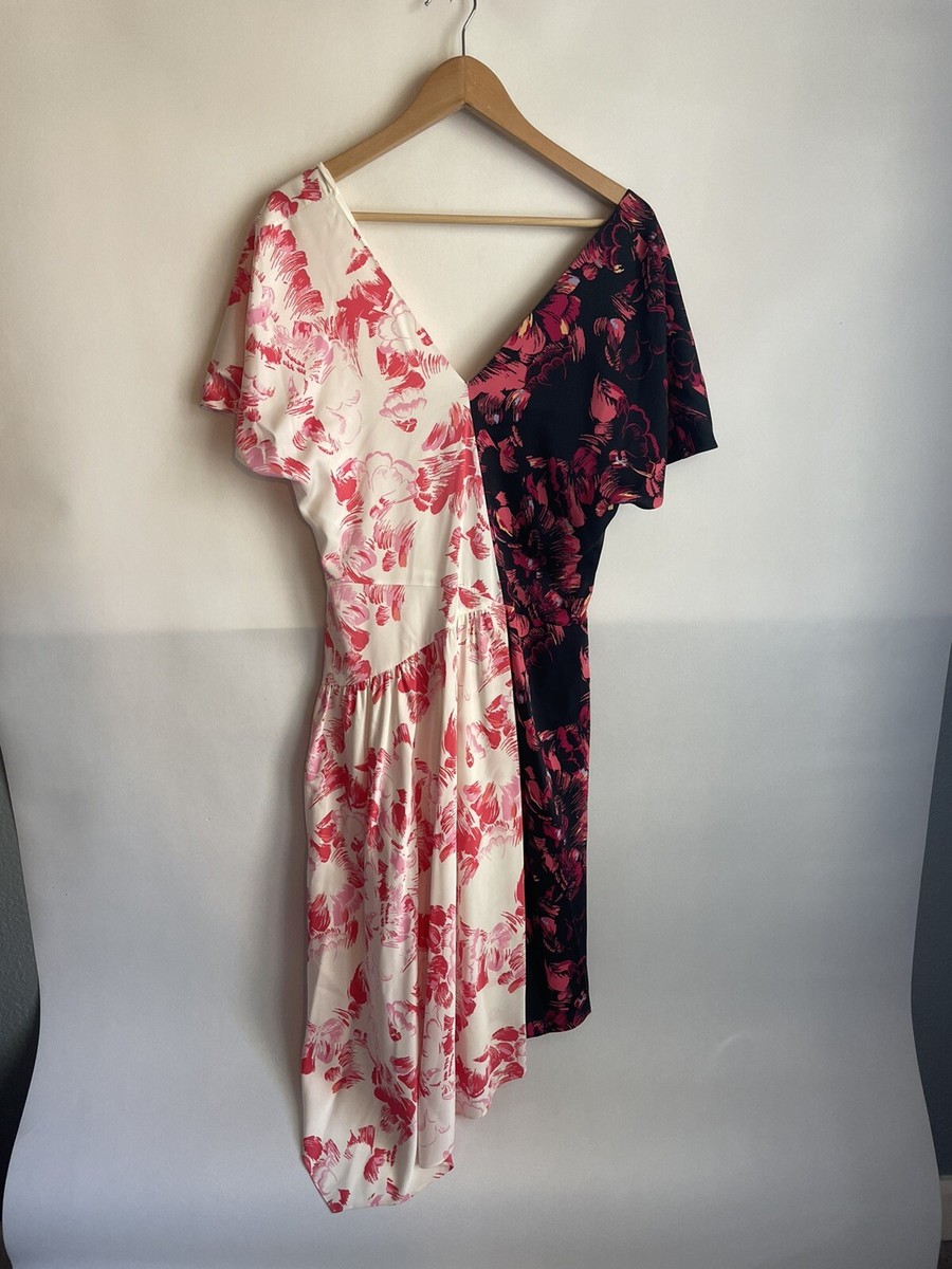 Lewit Double Print Floral Silk Dress V Neck Asymmetrical Size Pink Black  NWT