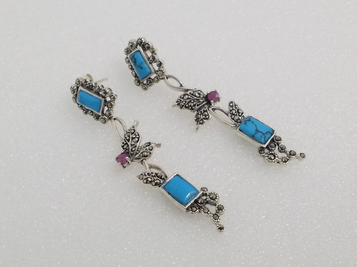 925 Silver Marcasite Ruby Stabilized Turquoise Le… - image 4