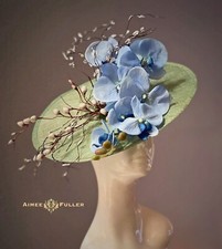 Kentucky Derby Fascinator Sage Green Moss Light Sky Blue Orchid Floral Ascot Hat