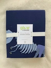 pottery barn kids Glow-in-the-Dark Dino Bones Shower Curtain navy Blue organic 