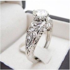 Vintage Art Deco Round Cut Lab Created Diamond 925 Silver Engagement Bridal Ring