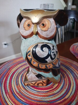 Owl with Mirror Mosaic Decorated Sculpture Figurine 9 Inches Tall