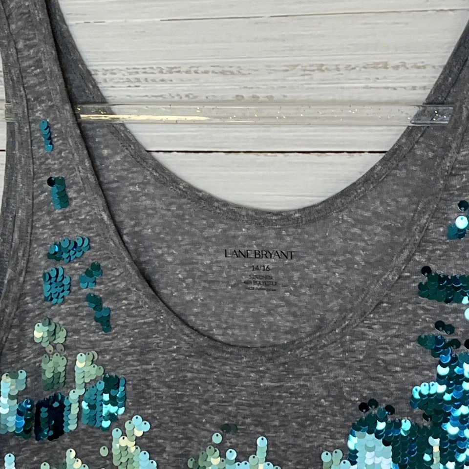 Camisa regata feminina Lane Bryant 14/16 cinza azul transparente lantejoulas linho poliéster - Imagem 3 de 4