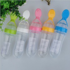 Baby Silicone Squeeze Feeding Bottle w/Spoon Food Self-stand Feeder 20 5cm