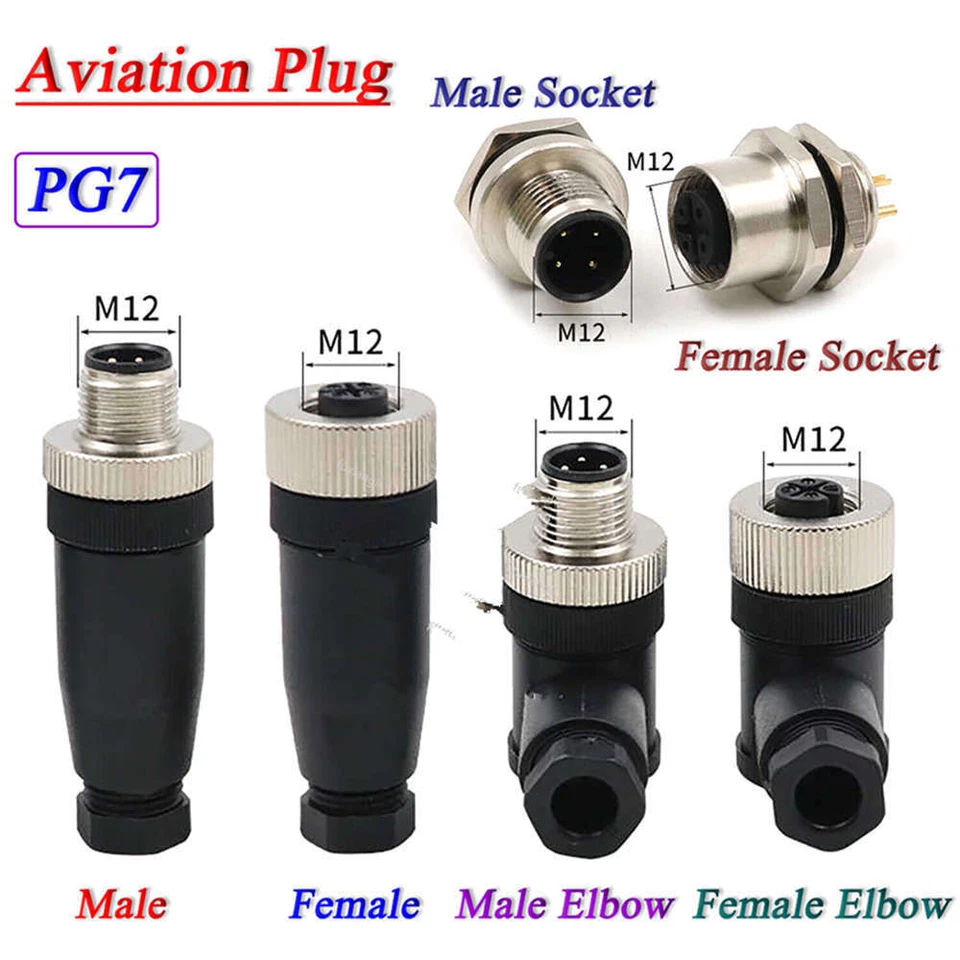 M12 4-12Pin Sensor Connector Male/Female Straight/Elbow Aviation Plug/Socket PG7 - Image 2 of 4