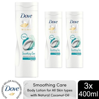 Dove Body Lotion Glättende Pflege Natürliches Kokosöl für alle Hauttypen, 3x400ml