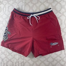 Tommy Hilfiger Mens Red Hibiscus Floral Swim Trunks Cargo Pocket Size Large