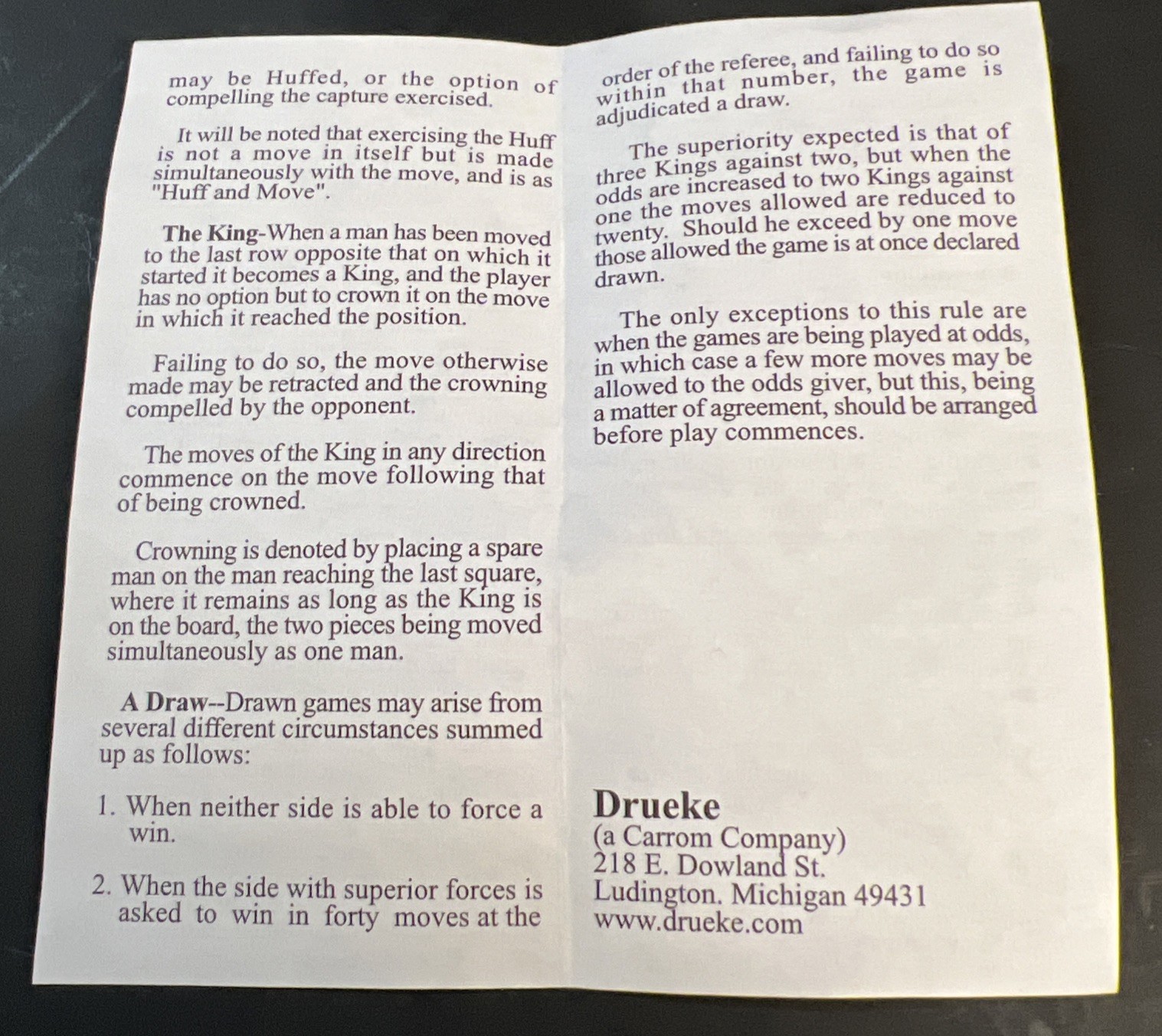 Vintage DRUEKE Portable Checkers Travel Set in a Box - Volume 101 w/ Instr Sheet