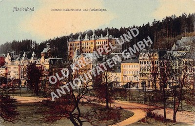 Postcard Mariánské Lázně middle Kaiserstrasse and parks - expired 1908