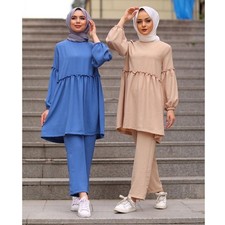 2Pcs Muslim Women Plain Long Sleeve Blouse Tops Pants Dubai Abaya Outfits Suit