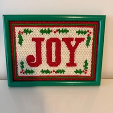 Vintage Handmade, Framed JOY with Holly Needlepoint, 7.5" x 10.5"
