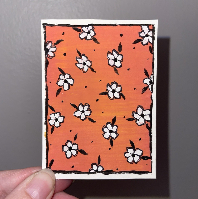 Original ACEO, 2.5x3.5, Pink, Orange, White Flower Pattern, nd_arttts