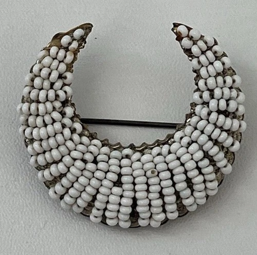 Signed Miriam Haskell Faux Seed Pearl Silver Tone Crescent Moon Brooch