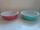 Lot Of 2 Pyrex 024 Robin Egg Blue Flaming Pink Round Casserole Mixing Bowls 2 QT