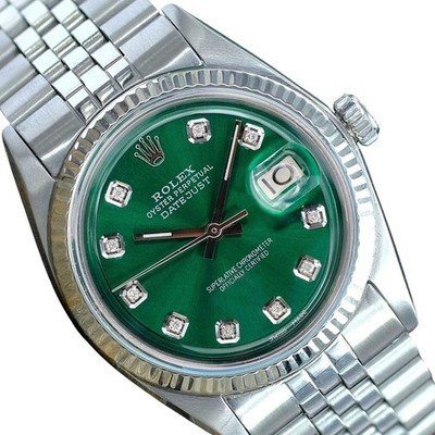 Rolex Mens Datejust Gold Steel Green Diamond Dial Fluted Bezel 36mm Watch 1601