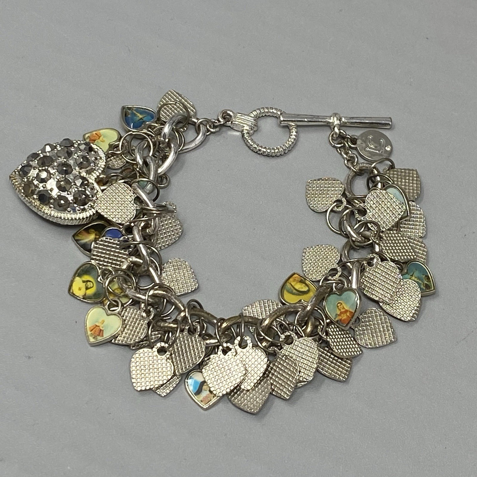 Liz Claiborne Rhinestone Heart Charm Bracelet with Jesus Photos Religious 6.5 Inches  