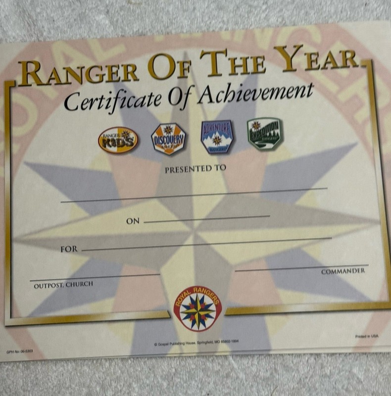 Royal Ranger of the year certificate