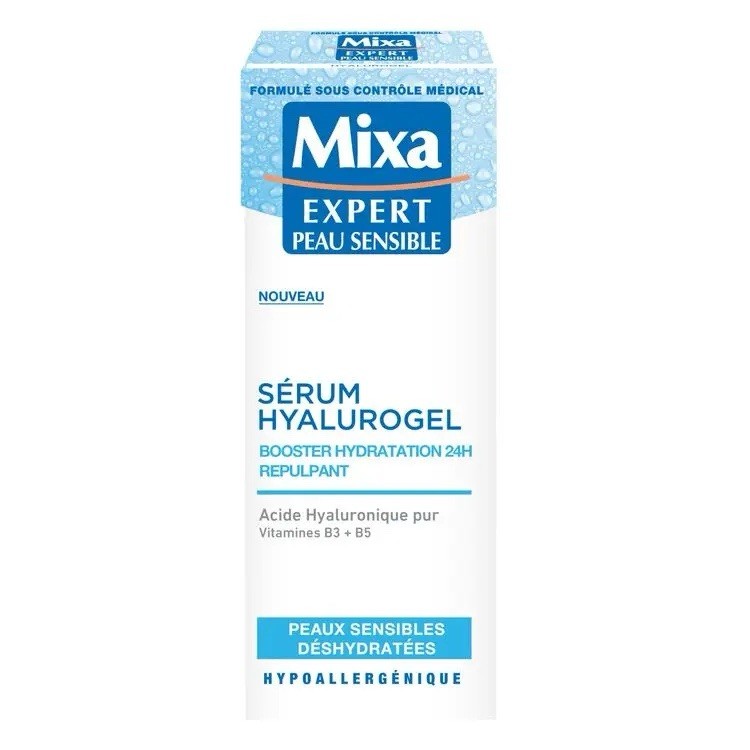 Sérum Hyalurogel Mixa protection SPF30 pour hydrater le visage en terrasse ou au bureau 30ml